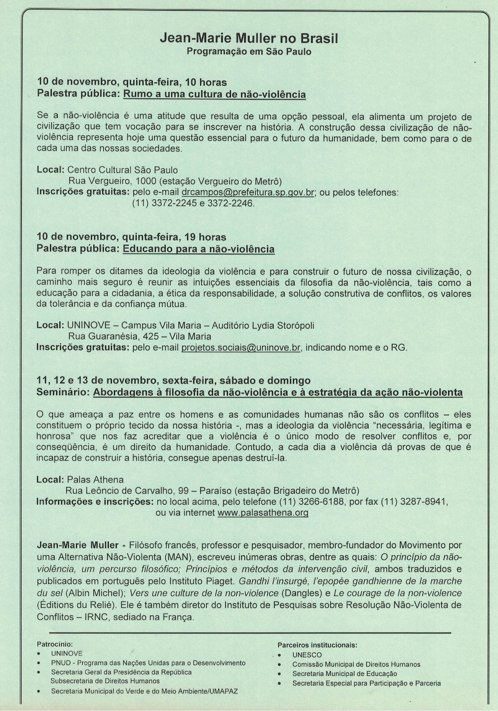 flyer Jean-Marie Muller Programação Rumo a cultura da não-violência